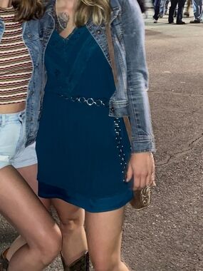 Maurices Teal Lace-Trim Mini Dress with Chain Belt
